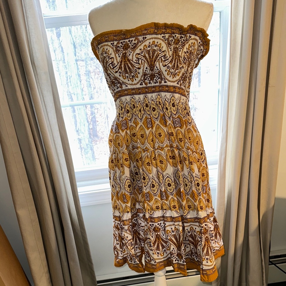 Strapless Boho Paisley Dress in gold, white & brown